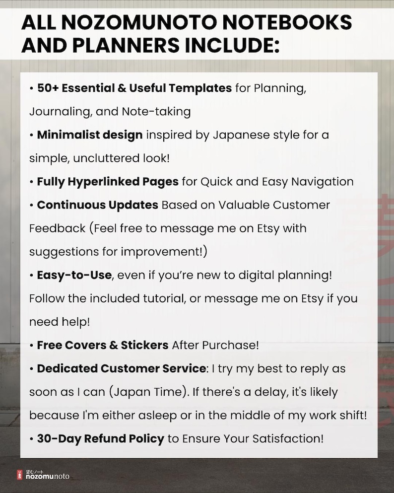 NozomuNoto planner features, including linked templates, minimalist Japanese design, tutorials, free extras, customer support and refund policy.