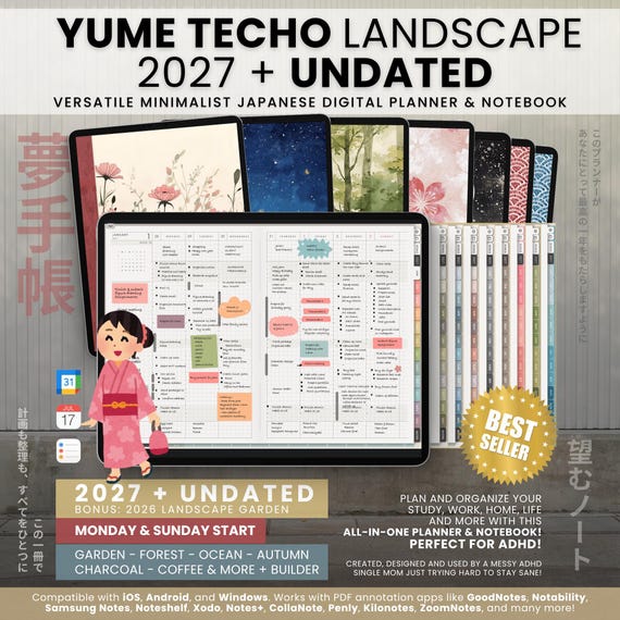 Digital Planner 2027 Undated Landscape | Yume Techo ADHD Japanese Template Daily Weekly Study Journal | Goodnotes Notability iPad Android