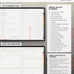 Light life planning index and goal-setting page shown on tablets, with lists of included life planning pages and instructions.