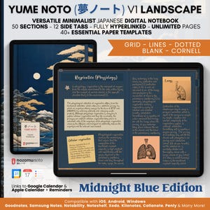 Könnte beinhalten: Eine digitale Notizbuch-App-Oberfläche mit einem Mitternachtsblauen Hintergrund. Die App verfügt über ein japanisches Design mit einem Berg- und Kirschblütenmotiv. Die App heißt "Yume Noto" und wird als "Vielseitiges minimalistisches japanisches digitales Notizbuch" beschrieben.