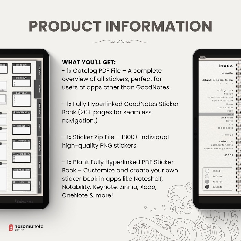 Ultimate Digital Stickers Stickerbook Widget NozomuNoto Japanese Multipurpose Minimalist Calendar ADHD Bullet Journal png Goodnotes Notability Android Tablet iPad finance work study travel health Noteshelf Samsung Xodo