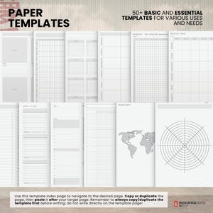 NozomuNoto Yume Techo 2026 Portrait e-reader planner PDF, showing paper template previews including lined, grid, Cornell, weekly, monthly, world map, polar chart and handwriting pages.