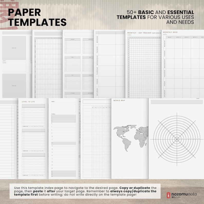 NozomuNoto Yume Techo 2026 Portrait e-reader planner PDF, showing paper template previews including lined, grid, Cornell, weekly, monthly, world map, polar chart and handwriting pages.