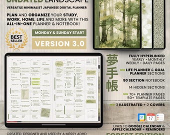 Undated Digital Planner Notebook 50 Subject Hobo Japanese Multipurpose Minimalist ADHD Journal Hyperlinked PDF Goodnotes Notability