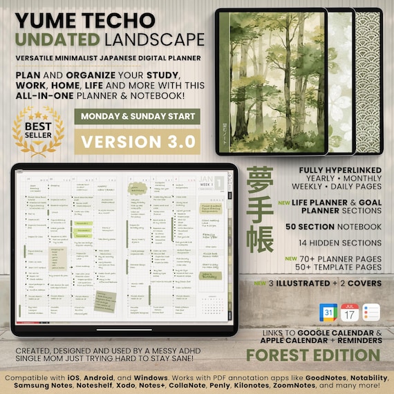 Undated Digital Planner Notebook 50 Subject Hobo Japanese Multipurpose Minimalist ADHD Journal Hyperlinked PDF Goodnotes Notability