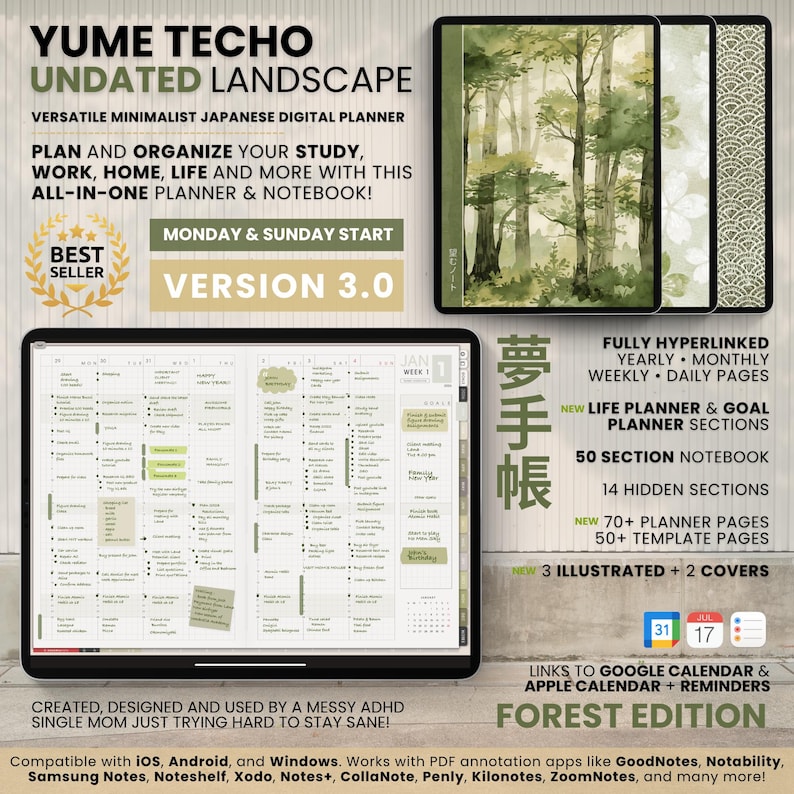 Undated Digital Planner Yume Techo NozomuNoto Notebook Daily Weekly Monthly Calendar Japanese Multipurpose Minimalist ADHD Bullet Journal Hyperlinked PDF Goodnotes Notability Landscape Android iPad Student Study Noteshelf Samsung Notes Hobonichi  Noteful Penly Kilonotes Collanote Zoomnotes