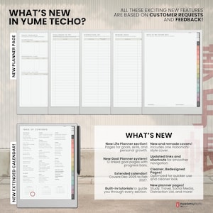 NozomuNoto Yume Techo 2026 Portrait e-reader planner PDF, showing new planner pages, extended calendar, life planner, goal planner, stickers, covers, cleaner layout and new page features.