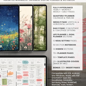 Main features of the Light Landscape planner, showing illustrated covers and a linked planner index with yearly, monthly, weekly, daily and notebook sections.