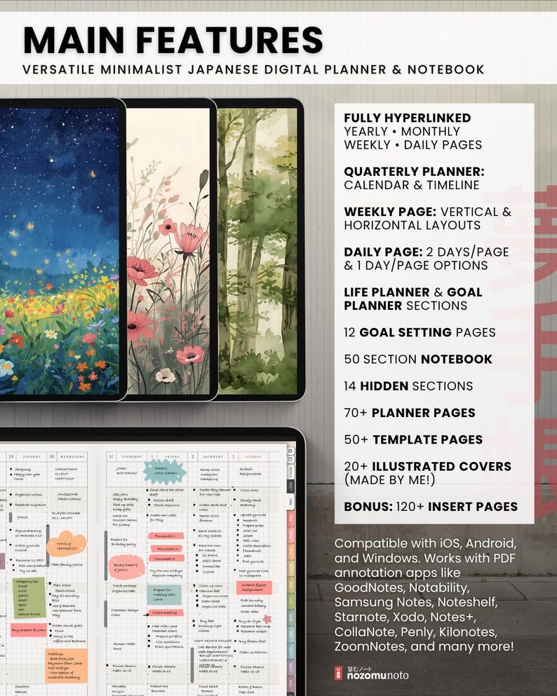 Main features of the Light Landscape planner, showing illustrated covers and a linked planner index with yearly, monthly, weekly, daily and notebook sections.