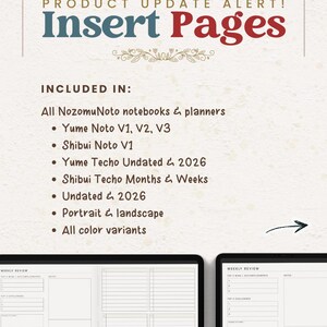 NozomuNoto Yume Noto V2 Landscape Garden Edition digital notebook for GoodNotes, Notability, Penly, iPad and Android, showing product update alert for insert pages included with Yume Noto V1, V2, dated planner, undated planner and color variants.