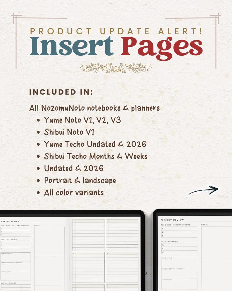 NozomuNoto Yume Noto V2 Landscape Garden Edition digital notebook for GoodNotes, Notability, Penly, iPad and Android, showing product update alert for insert pages included with Yume Noto V1, V2, dated planner, undated planner and color variants.