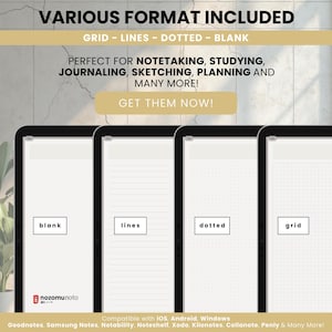 NozomuNoto Yume Noto V2 Landscape Garden Edition digital notebook for GoodNotes, Notability, Penly, iPad and Android, showing included paper formats on tablets: blank, lined, dotted and grid pages for notes, studying and journaling.