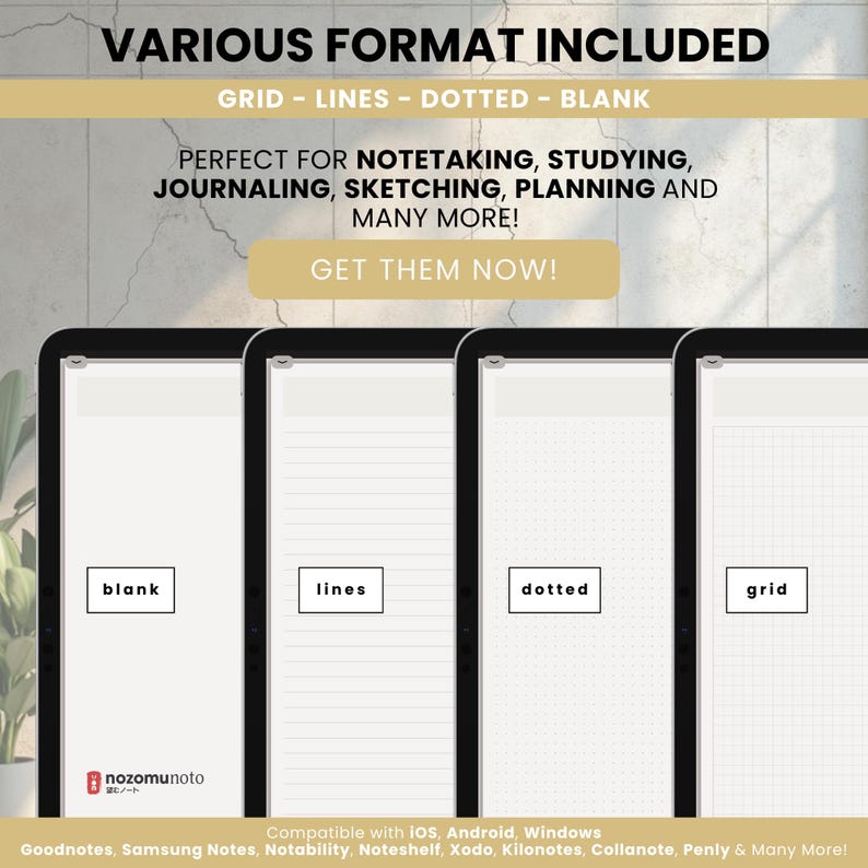 NozomuNoto Yume Noto V2 Landscape Garden Edition digital notebook for GoodNotes, Notability, Penly, iPad and Android, showing included paper formats on tablets: blank, lined, dotted and grid pages for notes, studying and journaling.
