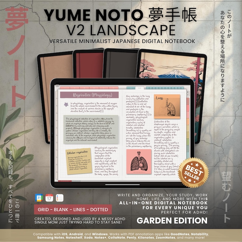 NozomuNoto Yume Noto V2 Landscape Garden Edition digital notebook for GoodNotes, Notability, Penly, iPad and Android, showing garden cover, sample notebook spread, 12 notebooks, linked sections, paper formats and app icons.