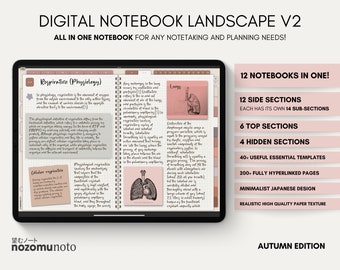 Digital Notebook Landscape All in One 12 Tab 168 Subject Multipurpose Minimalist ADHD Journal Hyperlinked PDF Goodnotes