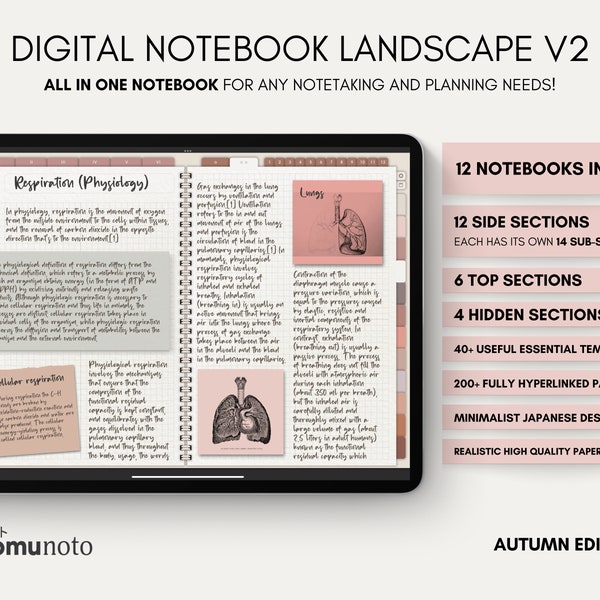 Digital Notebook Landscape All in One 12 Tab 168 Subject Multipurpose Minimalist ADHD Journal Hyperlinked PDF Goodnotes