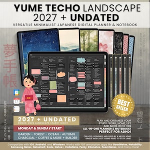 Digital Planner 2027 Undated Landscape Yume Techo ADHD Japanese Template Daily Weekly Study Journal Goodnotes Notability iPad Android Dark