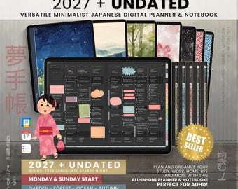 Digital Planner 2027 Undated Landscape Yume Techo ADHD Japanese Template Daily Weekly Study Journal Goodnotes Notability iPad Android Dark