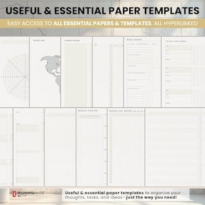 NozomuNoto Yume Noto V2 Landscape Garden Edition digital notebook for GoodNotes, Notability, Penly, iPad and Android, showing paper template previews with maps, project pages, tracker boxes, lined, blank, grid and layout pages.