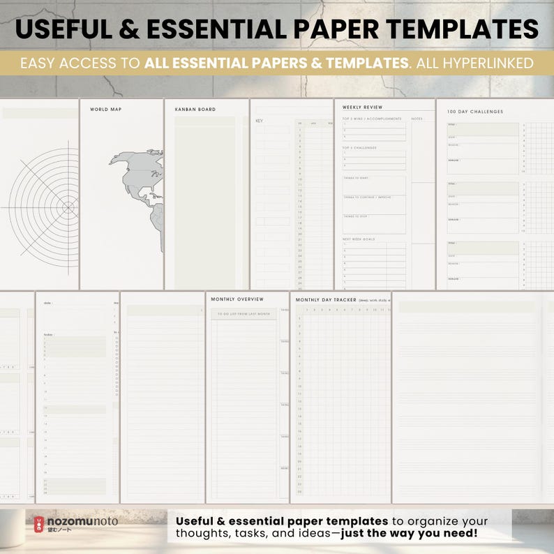 NozomuNoto Yume Noto V2 Landscape Garden Edition digital notebook for GoodNotes, Notability, Penly, iPad and Android, showing paper template previews with maps, project pages, tracker boxes, lined, blank, grid and layout pages.