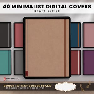 May include: A collection of digital covers in various colors, including black, red, teal, and purple, with a large kraft paper-colored cover in the center. The text at the top reads "40 MINIMALIST DIGITAL COVERS KRAFT SERIES". Bonus includes text and golden flowers.