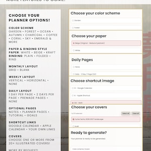 Online planner builder choices for colors, paper, binding, covers, monthly, weekly and daily layouts, optional pages and shortcut links.