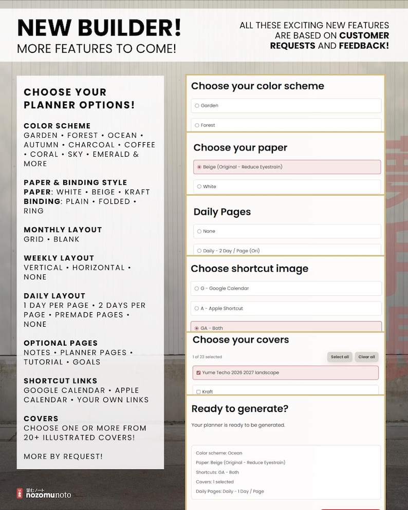 Online planner builder choices for colors, paper, binding, covers, monthly, weekly and daily layouts, optional pages and shortcut links.