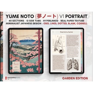 May include: A digital notebook cover with a Japanese-inspired design featuring a mountain, cherry blossoms, and a pond. The cover is titled "Yume Noto" and has the text "Dream Notebook V1" in Japanese. The notebook is part of the "Garden Edition" collection.