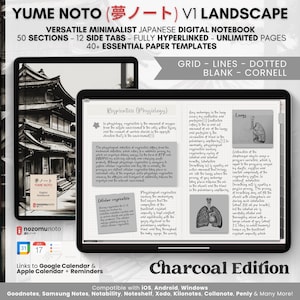 Puede incluir: Una interfaz de aplicación de cuaderno digital con un fondo de color carbón y el texto "Yume Noto (夢ノート) V1 Landscape" en la parte superior. La aplicación ofrece una variedad de plantillas de papel, que incluyen cuadrícula, líneas, puntos, en blanco y Cornell. La aplicación también incluye enlaces a Google Calendar y Apple Calendar + Recordatorios. La aplicación es compatible con iOS, Android y Windows.