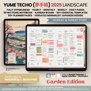 2025 Digital Planner Yume Techo Landscape Notebook Bullet Japanese Hobo Multipurpose Minimalist ADHD Journal Hyperlinked PDF Goodnotes Study