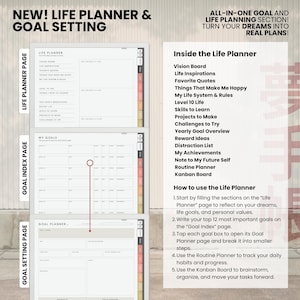 NozomuNoto Yume Techo 2026 Portrait e-reader planner PDF, showing life planner and goal setting pages with vision board, project tracker, yearly goals, routines, favorite places and reflection sections.