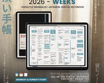 Digital Planner 2026 Landscape ADHD Minimalist Japanese All in One Template GoodNotes Notability Android Samsung Simple Weekly Journal PDF