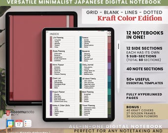 Digitales Notizbuch im Hochformat, 12 Registerkarten, 40 Notizcover, Mehrzweck-Minimalistisches Journal, ADHS, Hyperlinked PDF, Goodnotes, Penly, Arbeits- und Studienplaner