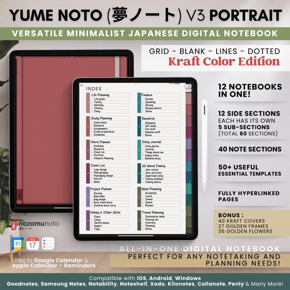 Digital Notebook Portrait 12 Tabs 40 Notes Covers Multipurpose Minimalist Journal ADHD Hyperlinked PDF Goodnotes Penly Work Study Planner