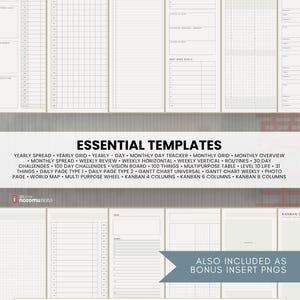 Collage of Light essential planning templates with instructions for copying and reusing pages.