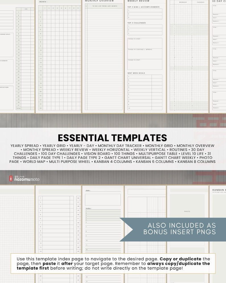 Collage of Light essential planning templates with instructions for copying and reusing pages.