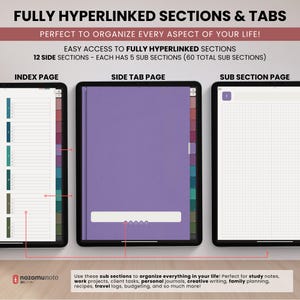 NozomuNoto Yume Noto V3 Portrait Kraft Color Edition notebook for GoodNotes, Notability, Penly, iPad and Android, showing linked sections and tabs with index page, side tab page, sub section page and notebook navigation.