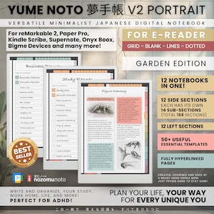 Puede incluir: Cuaderno digital Yume Noto V2 Portrait para lectores electrónicos. Incluye 12 cuadernos en uno, 168 secciones, 50+ plantillas y páginas con hipervínculos. La interfaz muestra un planificador de estudio con dibujo de figuras, cuadrículas y texto.