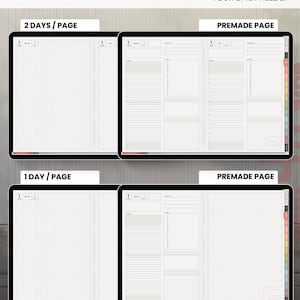 Four Light daily planner layouts compared: two days per page, one day per page, and premade versions of each.
