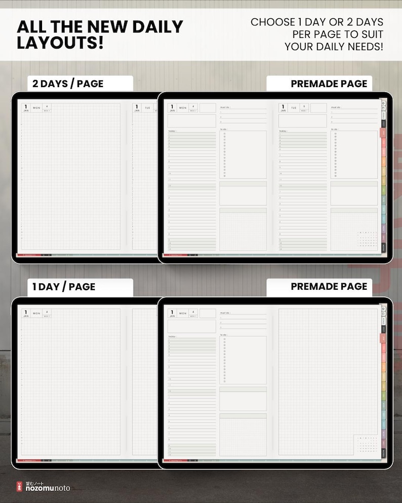 Four Light daily planner layouts compared: two days per page, one day per page, and premade versions of each.
