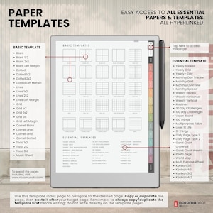 NozomuNoto Yume Techo 2026 Portrait e-reader planner PDF, showing the paper templates index with blank, ruled, grid, Cornell, todo, mind map, weekly, monthly, graph and handwriting templates.