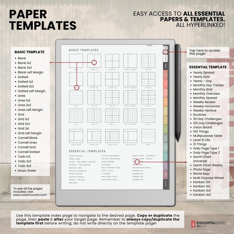 NozomuNoto Yume Techo 2026 Portrait e-reader planner PDF, showing the paper templates index with blank, ruled, grid, Cornell, todo, mind map, weekly, monthly, graph and handwriting templates.