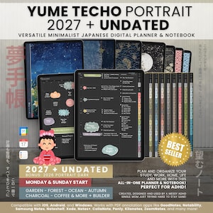 Digital Planner 2027 Undated Portrait Dark | Yume Techo Japanese Daily Weekly Journal | Goodnotes Notability iPad Android