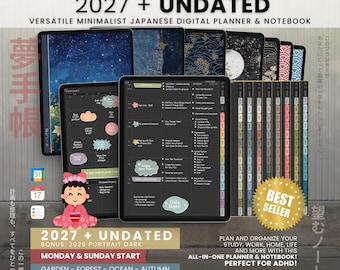 Digital Planner 2027 Undated Portrait Dark | Yume Techo Japanese Daily Weekly Journal | Goodnotes Notability iPad Android