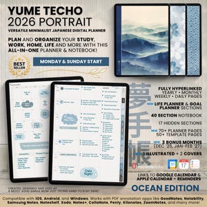 Agenda digitale 2026 Yume Techo Quaderno con ritratto Bullet Giapponese Giornaliero Multiuso Minimalista Diario ADHD PDF con collegamento ipertestuale Goodnotes Studio