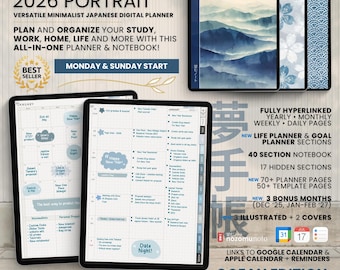 2026 Digital Planner Yume Techo Portrait Notebook Bullet Japanese Daily Multipurpose Minimalist ADHD Journal Hyperlinked PDF Goodnotes Study