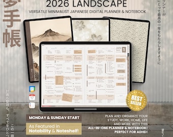 Digital Planner 2026 Yume Techo Landscape Notebook Bullet Japanese Multipurpose Minimalist ADHD Journal Hyperlinked PDF Goodnotes Study