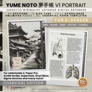 May include: A digital notebook titled YUME NOTO V1 PORTRAIT featuring 40 sections, 12 side tabs, and 40+ paper templates. The display shows a black and white illustration of a Japanese temple and a detailed medical diagram of the respiratory system.