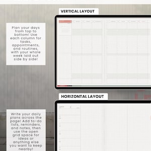 Light planner weekly layouts compared on two tablets: vertical time blocks and horizontal writing spaces.