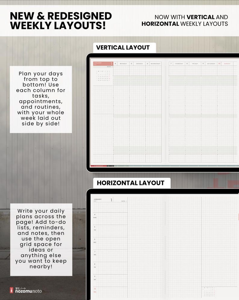 Light planner weekly layouts compared on two tablets: vertical time blocks and horizontal writing spaces.